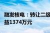 融发核电：转让二级全资子公司股权，预计收益1374万元