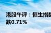 港股午评：恒生指数跌1.34% 恒生科技指数跌0.71%