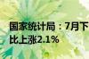 国家统计局：7月下旬生猪（外三元）价格环比上涨2.1%